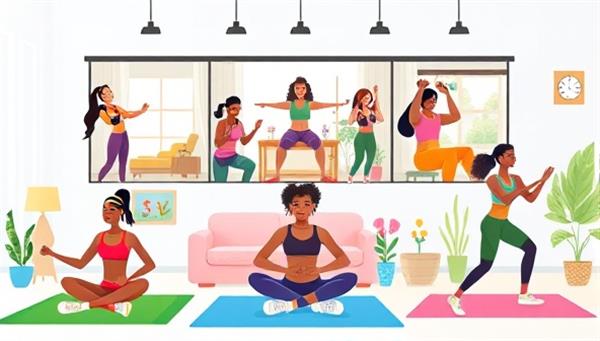 A vibrant digital illustration showing a diverse group of individuals working out in different settings, from home to outdoors, with virtual trainers guiding them through exercises, promoting inclusivity and motivation.