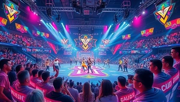A dynamic and electrifying digital artwork depicting a virtual gaming arena filled with competitive players, colorful game graphics, and a cheering virtual audience, capturing the excitement and intensity of an online gaming tournament.