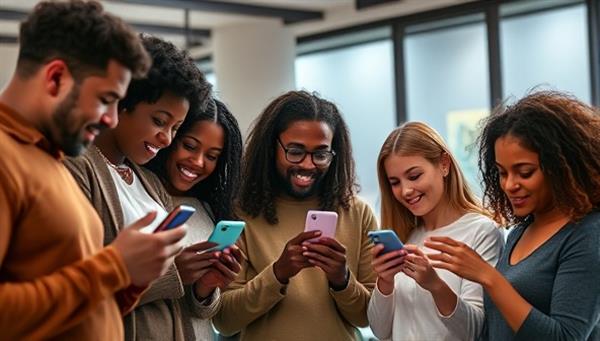An image showing a diverse group of people engaging with a user-friendly investment platform on their smartphones, symbolizing inclusivity, accessibility, and empowerment through micro-investing.
