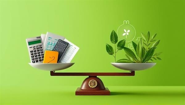 An artistic representation of a balance scale with one side holding traditional accounting tools like calculators and spreadsheets, and the other side showcasing eco-friendly symbols such as leaves, trees, and renewable energy icons, symbolizing the balance between financial accuracy and environmental consciousness in sustainable accounting practices promoted by EcoLedger.