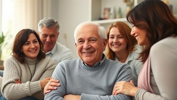 A heartwarming image of an elderly individual wearing a discreet health monitoring device, surrounded by family members on a video call, with a responsive support team ready to assist, conveying care, connection, and peace of mind.