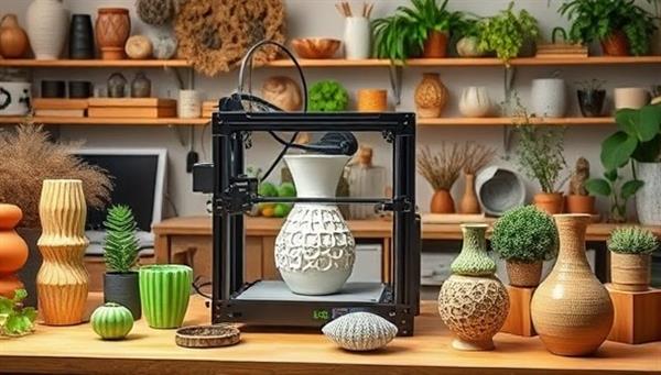 A vibrant workshop setting with a 3D printer producing a plant-based bioplastic vase, surrounded by a variety of sustainable materials and nature-inspired design prototypes, reflecting innovation and environmental consciousness.