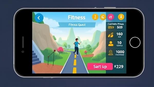 An engaging app interface showcasing a user completing a fitness quest in a virtual world, earning points and rewards, with motivational messages and progress tracking features, illustrating the fun and interactive nature of the gamified fitness experience.