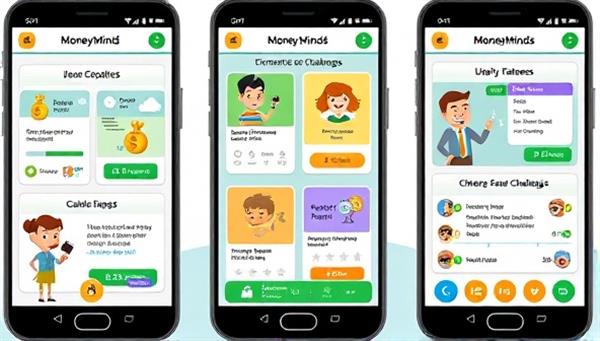 A colorful and interactive mobile app interface displaying various financial scenarios and challenges, with animated characters guiding users through the gamified learning process, showcasing the engaging and educational aspect of MoneyMinds.