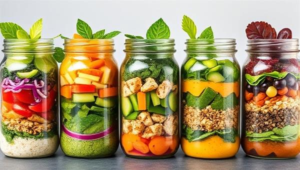 An assortment of vibrant salad jars lined up in a row, each showcasing colorful layers of fresh vegetables, protein toppings, and drizzled dressings, garnished with herbs and seeds, exuding freshness and nutritional appeal for health-conscious customers on the go.