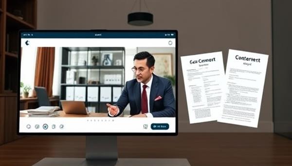 An online legal consultation session featuring a virtual meeting between a real estate attorney and a client, with legal documents and contract templates displayed on the screen, illustrating professionalism and expertise in real estate legal services.