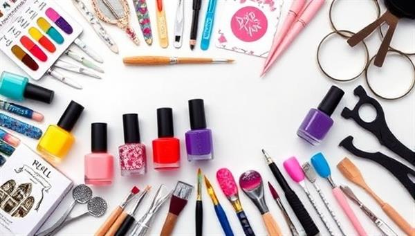 An artistic flat lay of colorful nail polish bottles, nail art tools, and intricate nail designs displayed on a virtual studio set-up, showcasing the creativity and vibrancy of PolishPalette Studio