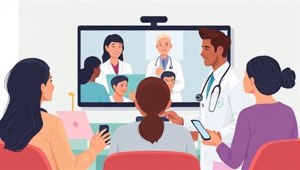An inclusive digital illustration of a diverse group of patients and medical professionals engaging in a telemedicine appointment with the support of professional interpreters, highlighting seamless communication and language accessibility in healthcare interactions.