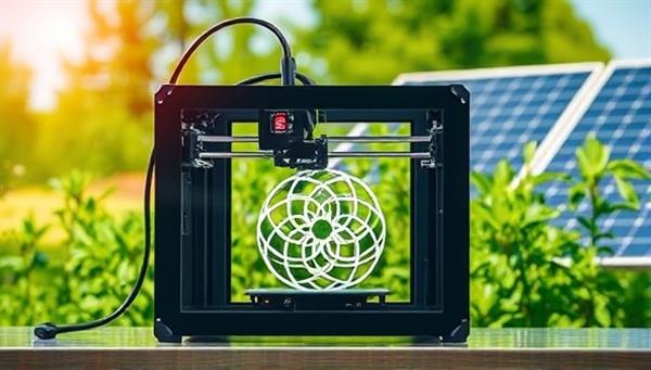 A visually striking image of a 3D printer producing a intricate design using biodegradable filament, set against a backdrop of lush greenery and solar panels, symbolizing sustainability and innovation.