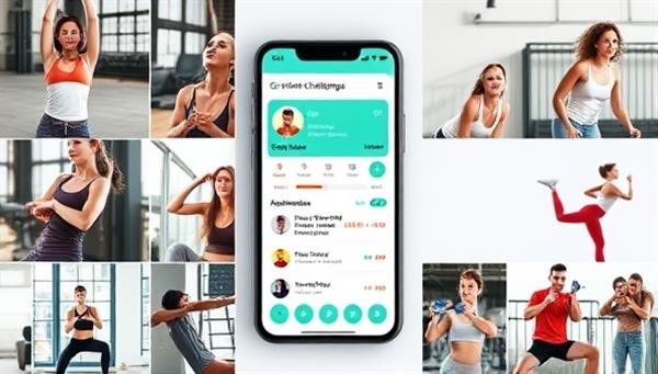 A mobile app screen displaying a gamified fitness challenge interface with progress bars, achievements, and social features, surrounded by images of users exercising and engaging in virtual fitness challenges, showcasing motivation and community support.