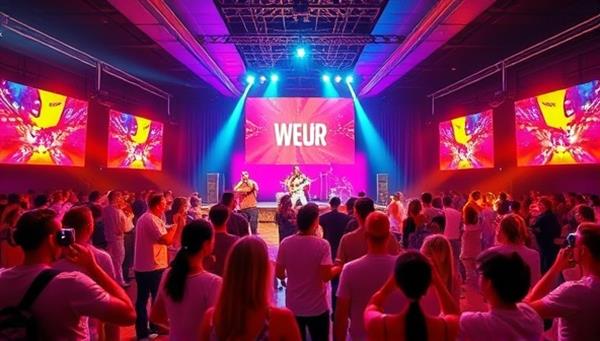 A vibrant and dynamic virtual music venue in VR, featuring a stage with live performances, colorful lighting effects, virtual attendees interacting and dancing, and artist avatars engaging with the audience, capturing the energy and excitement of a virtual music festival experience.