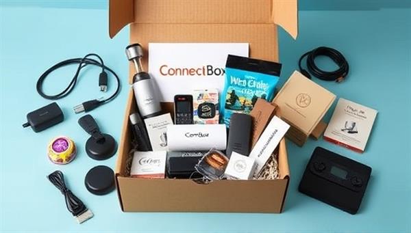 An image of a beautifully designed subscription box filled with a selection of telecom gadgets, accessories, and tech treats arranged in an aesthetically pleasing layout, showcasing the premium and curated contents of the ConnectBox subscription service.
