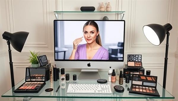An elegant virtual makeup studio setup with a professional makeup artist conducting a virtual consultation on a computer screen, surrounded by a variety of makeup products and tools, showcasing the convenience of online beauty services.