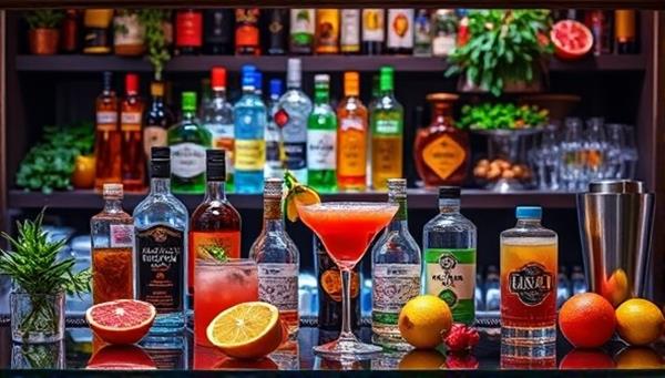 A vibrant and colorful cocktail bar setup with assorted liquor bottles, fresh fruits, aromatic herbs, and cocktail shakers, exuding a festive and interactive atmosphere perfect for virtual mixology classes.