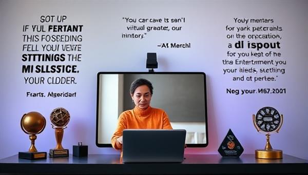 An inspiring virtual mentorship session scene with a mentor providing guidance and advice to a mentee through a video call, surrounded by motivational quotes and industry awards, creating a supportive and empowering atmosphere for talent development and career growth in the entertainment industry.