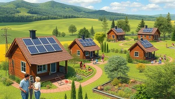 An artistic rendering of a sustainable tiny home community nestled in a lush green landscape, featuring solar panels, communal gardens, and residents engaging in eco-friendly activities, evoking a sense of harmony with nature and community living.