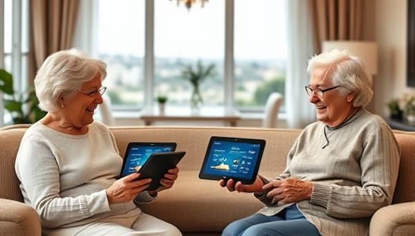 An elegant and serene retirement setting with seniors engaging with tablets displaying the RetireEase AI platform, surrounded by symbols of financial security, travel plans, and leisure activities, conveying peace of mind and confidence in retirement planning through advanced technology.