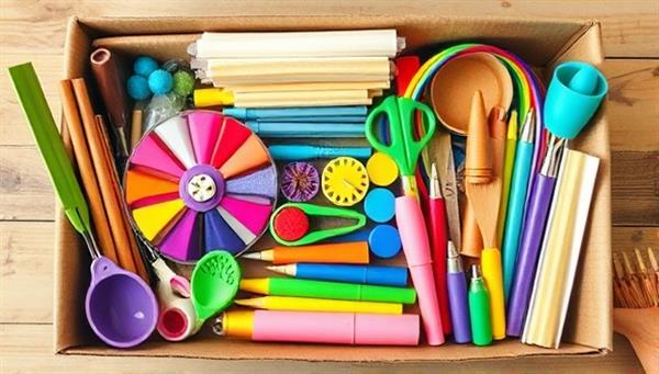 An array of colorful and eco-friendly crafting materials and tools neatly arranged in a crafting kit box, showcasing the vibrant and sustainable nature of EcoCraft Kits