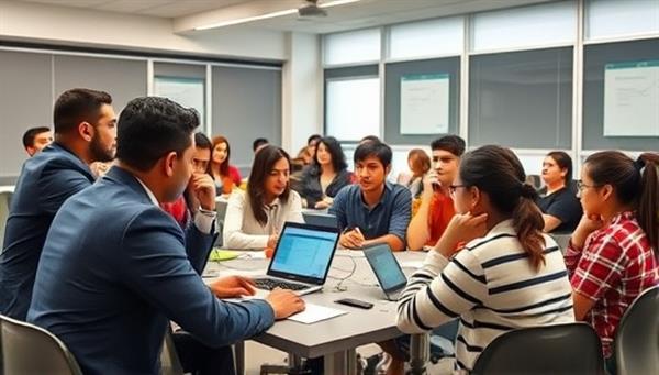 An educational setting with a diverse group of students engaged in a telecommunication skills workshop led by instructors from CommSkill Academy, illustrating the interactive and dynamic learning environment focused on enhancing communication competencies for professional growth.