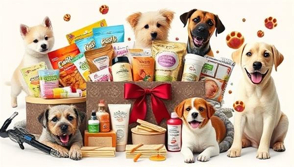 An adorable collage featuring a variety of pet items like toys, treats, grooming products, and accessories arranged in a beautifully decorated pet box, surrounded by playful pets enjoying the surprises, conveying joy, pampering, and love for furry companions.