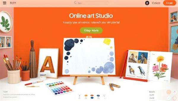 An online art studio interface showcasing a virtual canvas with a palette of colors, brushes, and creative tools, surrounded by artistic inspirations and a gallery of completed artworks, inspiring participants to unleash their artistic potential.