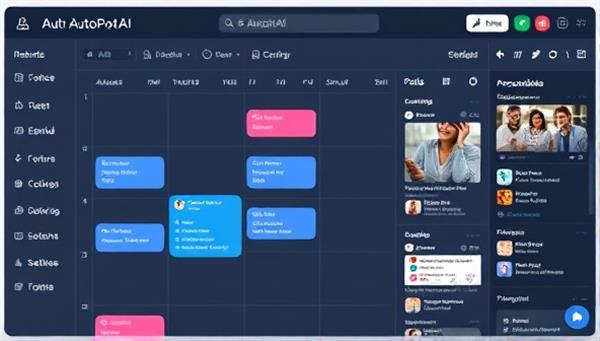 An AI-powered social media content scheduler interface displaying a calendar with scheduled posts, engagement analytics, and personalized content recommendations, illustrating the efficiency and intelligence of AutopostAI in social media management.