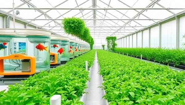 A beautifully designed aquaponic fish farming system displayed in a bright and airy greenhouse, featuring colorful fish swimming in the water tanks and lush green plants thriving in the hydroponic beds, illustrating the harmony and sustainability of AquaHarvest Systems.