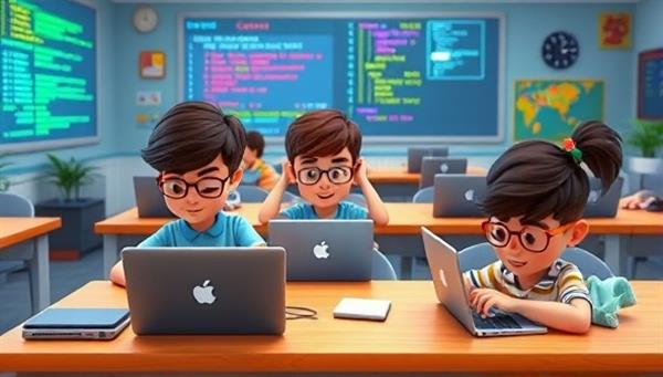 A digital classroom scene with animated characters representing young students engaging in coding activities on laptops and tablets, surrounded by colorful code snippets and tech-themed decorations, creating a vibrant and immersive coding learning environment for kids.