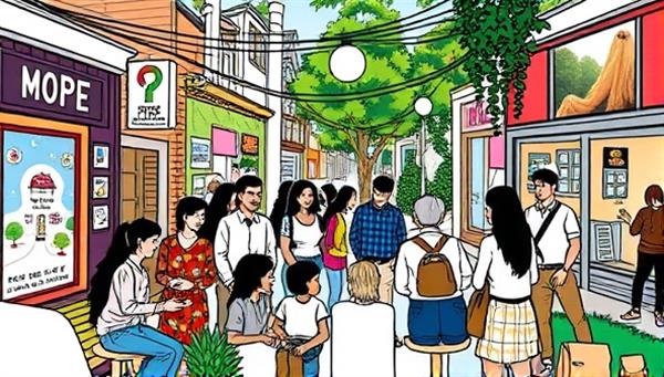 A vibrant community hub buzzing with activity, where residents and business owners gather to collaborate on creating engaging advertisements that reflect the unique spirit and essence of their neighborhood, fostering a sense of unity and creativity.