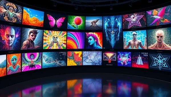 A digital gallery display showcasing a variety of vibrant and innovative digital artworks, with interactive features allowing users to explore different styles and themes, creating an immersive and captivating art experience.