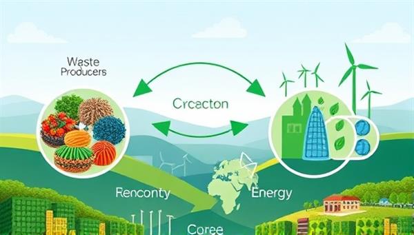 An innovative marketplace interface showcasing a seamless exchange process between waste producers and energy converters, with visual representations of waste materials transforming into renewable energy sources, symbolizing the circular economy model and environmental stewardship, set against a backdrop of green landscapes and clean energy icons.