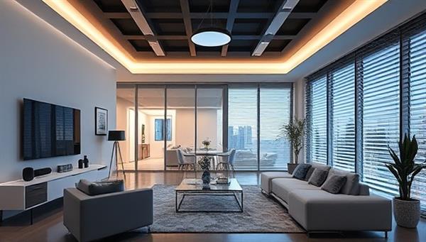 A modern and technologically advanced living room showcasing smart home devices such as a voice-controlled speaker, smart lighting system, and automated blinds, creating a futuristic and interconnected home environment with the expertise of SmartLiving Solutions evident in every detail.