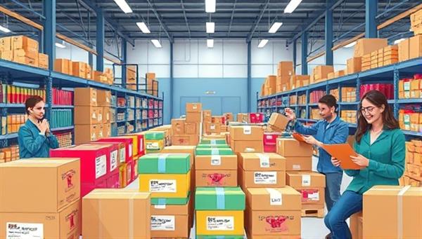 An artistic depiction of a fulfillment center with workers customizing packaging with unique designs and branding elements, surrounded by colorful shipping boxes and happy customers opening personalized packages, illustrating the concept of bespoke fulfillment services and tailored customer experiences.