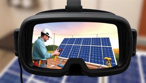 An engaging VR headset displaying a lifelike solar panel installation simulation, with virtual tools and panels in a digital environment, showcasing the innovative and interactive nature of SolarSim Pro.