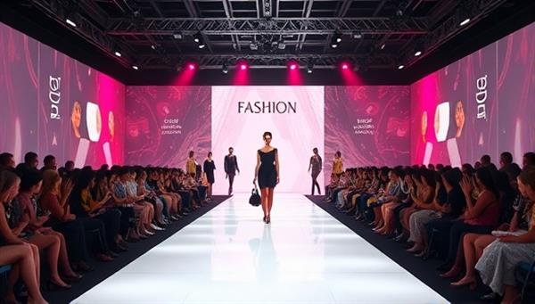A virtual fashion runway stage with digital models showcasing designer collections, interactive product links, and real-time audience reactions, creating a dynamic and immersive fashion show experience online.
