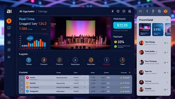 An AI-powered event planning dashboard displaying real-time event data, attendee engagement metrics, and personalized event suggestions, with virtual event visuals in the background, illustrating the seamless integration of AI technology in virtual event management.