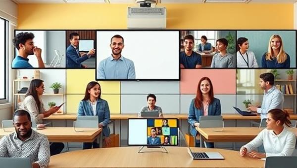 A vibrant virtual classroom setting with diverse avatars engaging in language exchange conversations via video chat, showcasing a dynamic and interactive learning environment.