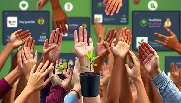 An artistic representation of diverse hands reaching out to plant tiny seeds in small pots symbolizing micro-investments, with a backdrop of innovative project logos and digital screens displaying investment progress, promoting community and growth.