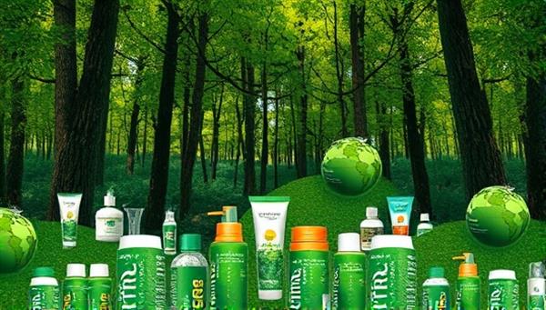 An artistic representation of a lush green forest with various eco-friendly products seamlessly integrated into the natural environment, symbolizing harmony between consumerism and environmental consciousness.