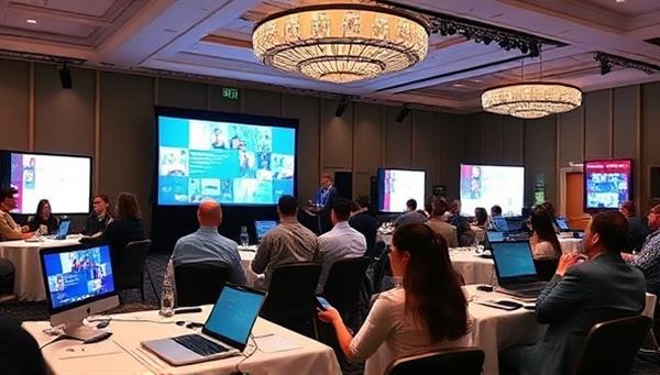 A virtual event setup with a professional event planner coordinating a virtual conference, featuring interactive engagement tools, virtual booths, and seamless attendee interactions, highlighting the comprehensive virtual event planning services offered by EventSphere Virtual.