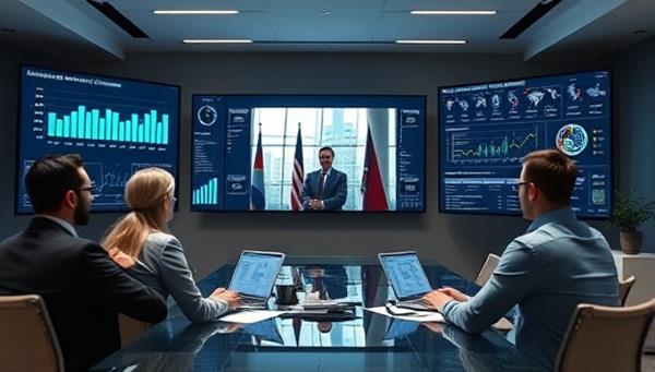 A virtual meeting room setting with consultants engaging with government officials on a video call, surrounded by digital dashboards displaying data analytics and performance metrics, illustrating strategic collaboration and problem-solving.