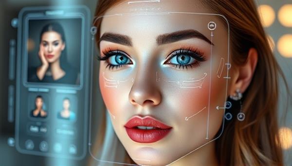 A futuristic digital interface displaying a virtual makeup try-on tool with realistic beauty filters and customization options, overlaid on a user