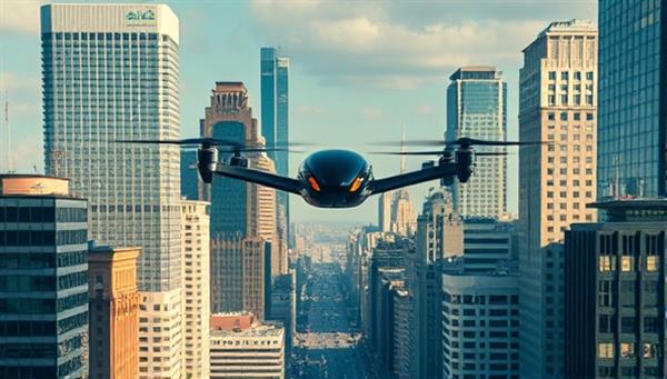 A stunning cityscape with sleek eVTOL air taxis soaring above skyscrapers and bustling streets, illustrating the futuristic and premium nature of the SkyHopper AirTaxi service in an urban setting.