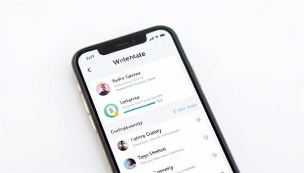 A smartphone displaying the WriteMate app interface, with progress bars, motivational quotes, and a vibrant online community chat, showcasing the app