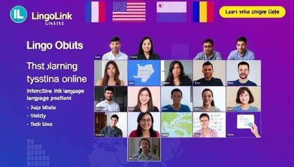 An engaging image of LingoLink Online featuring a diverse group of language learners participating in a virtual language exchange session, with interactive language exercises, cultural references, and global flags in the background, illustrating the platform