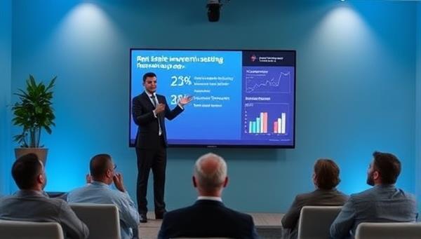A virtual seminar setup with a dynamic speaker delivering an engaging presentation on real estate investment strategies, accompanied by interactive charts and data visualizations, creating an immersive and educational experience for attendees at InvestWise Seminars.