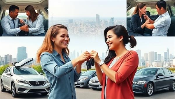 An engaging collage featuring car owners happily handing over keys to smiling renters, showcasing the trust and convenience of the AutoShare peer-to-peer car rental marketplace, set against a backdrop of diverse vehicles and cityscapes, symbolizing shared mobility and community connections.