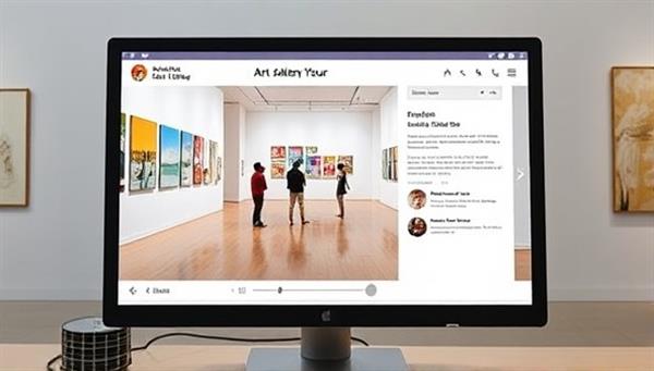 An image of a virtual art gallery tour interface on a computer screen, featuring a vibrant exhibition with digital guides and interactive elements, creating a dynamic and engaging art exploration experience.