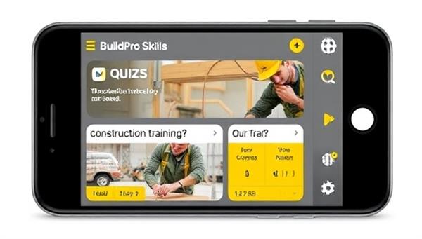 A smartphone screen displaying the BuildPro Skills app interface with interactive construction training modules, quizzes, and progress trackers, showcasing the user-friendly design and engaging content that makes learning construction skills accessible and enjoyable for users of all levels.