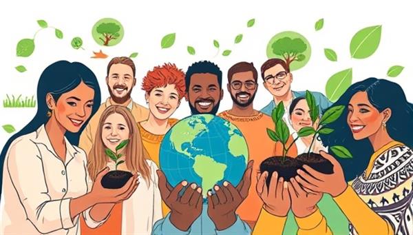 A dynamic visual representation of diverse people working together in a collaborative environment, with sustainable icons like trees, globes, and hands holding seedlings symbolizing social responsibility and positive impact, conveying a sense of unity and purpose in striving for a better future through ImpactMatters
